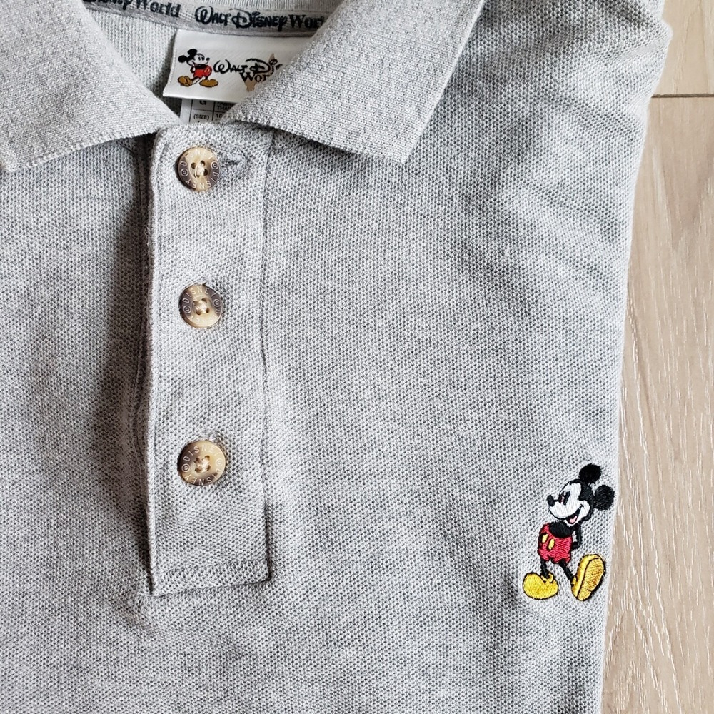 Walt Disney World Shirt Mens L Gray Mickey Mouse Embroidered Vtg Pique Knit Polo